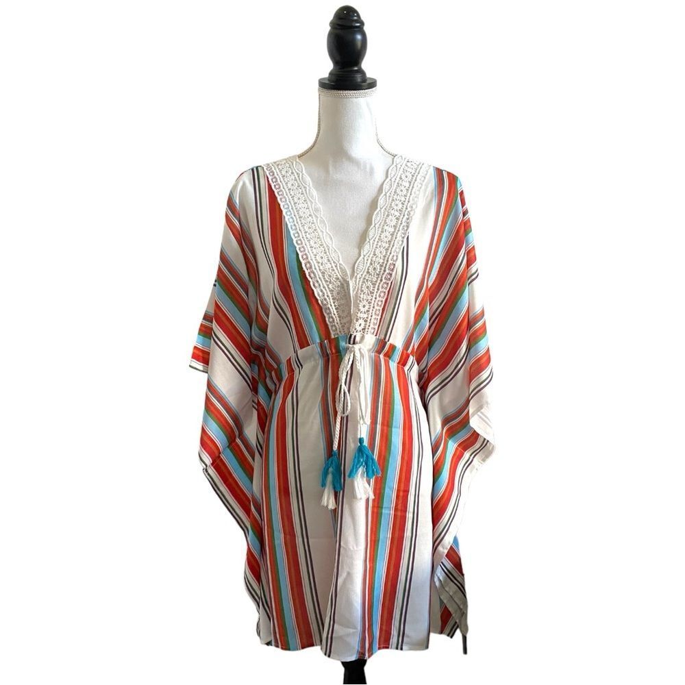 Boho Multicolor Striped Bat Wing Style Crochet V-Neck Tassel Beach Cover Up OS